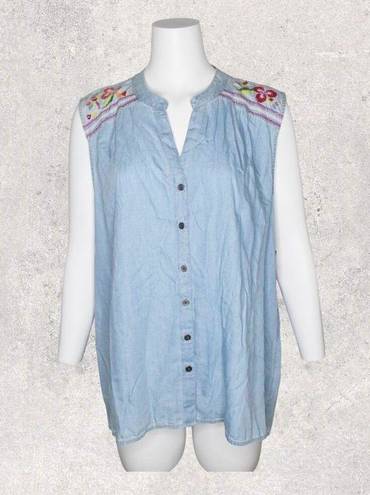 Style & Co  Macys Chambray Floral Embroidered Detail Sleeveless Button Up Top XL