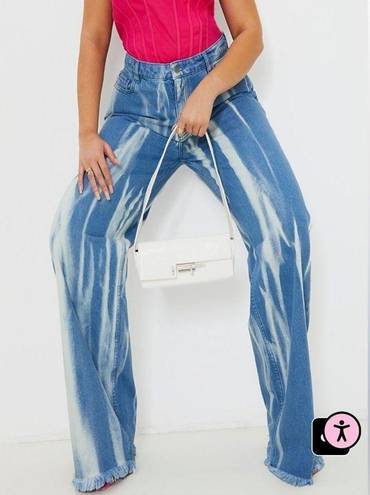 Pretty Little Thing  Women's Mid Blue Wash High Waist Tie Dye Wide Leg Jeans size