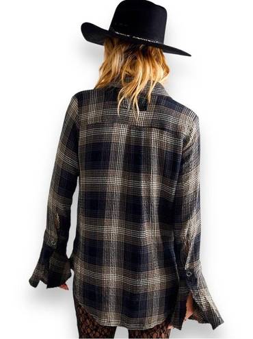 We The Free  Free People Black Brown Plaid Distressed Boho Button Up - Small