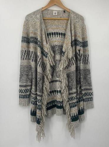 CAbi  Shetland Fringed Cardigan Sweater Open Front Longline Duster Gray Cream XXS