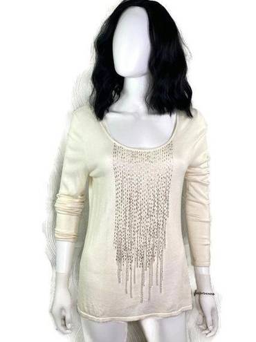 Natori Josie  Beaded Sequin Blouse Fringe Knit Top Long Sleeve‎ Women's Size M