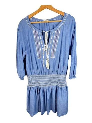 Shoshanna  Womens size Large Chambray Smocked Waist Boho Blue Embroidered Dress