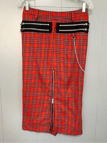 Tripp NYC  Red Tartar Plaid Zipper Chain Punk Grunge Rock Emo Maxi Skirt