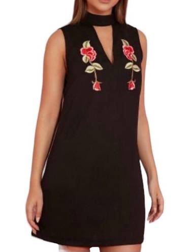 Pretty Little Thing New  Embroidered Floral Choker Neck Shift Dress Black Size 4