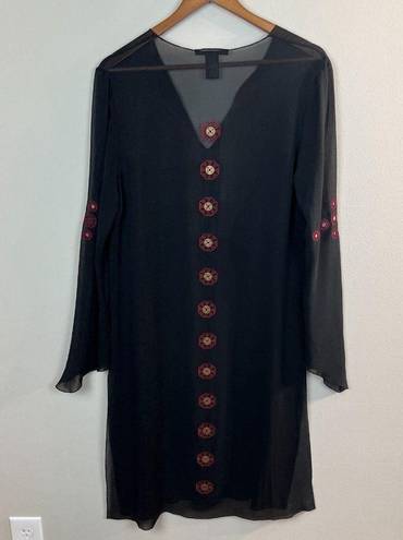 Vivienne Tam  Tunic‎ Top 3 (Large) Black 100% Silk Sheer Embroidery Slits