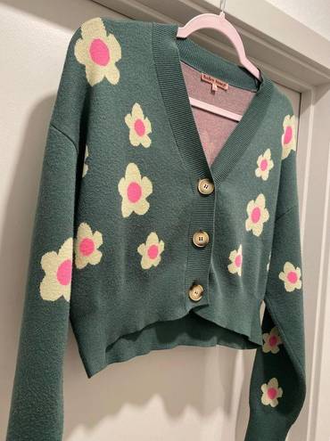 Daisy Bailey Rose Green Pink & Pale Yellow  Floral Cropped Cardigan Sweater - S