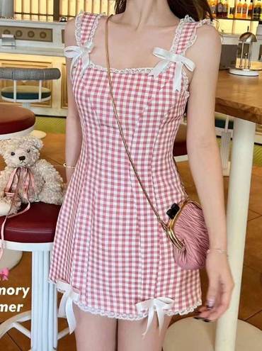 One Piece Japanese Kawaii Summer Red White Plaid Lace Ribbon Bow Y2K  Mini Dress