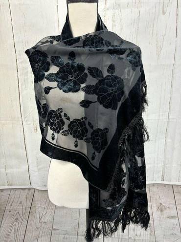 Gothic Black Sheer Velour Velvet Floral Fringe Scarf