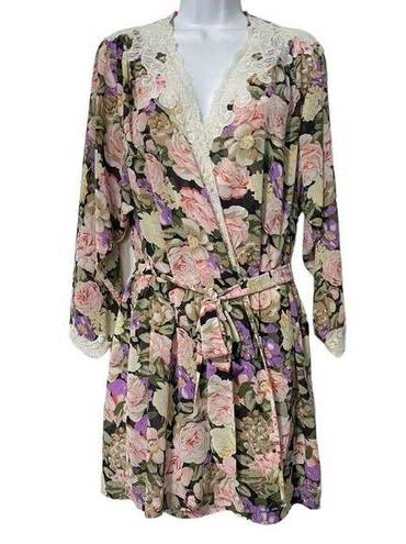 Natori Vintage  Set Chemise And Robe Floral Rose Print With Lace Trim Size Small