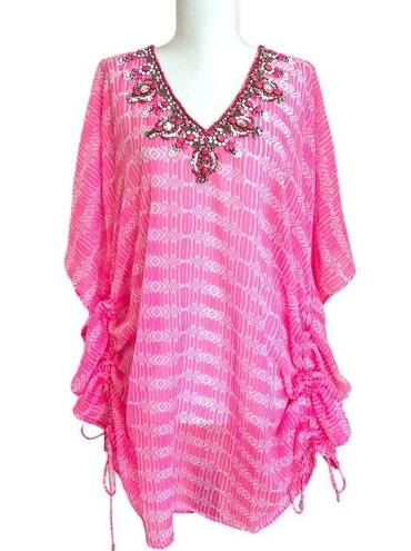 Yumi Kim NWT  Maze Cover Up Jeweled Beaded Cinched Kaftan Hot Pink Sheer Size M/L