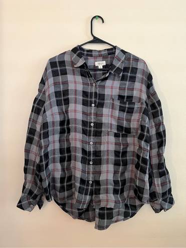 Style & Co Boyfriend Black Gray Red Plaid Sparkle Plaid Button Down Shirt XL