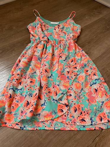 Lush Clothing Lush faux wrap mini dress spaghetti straps teal orange floral women’s size Small