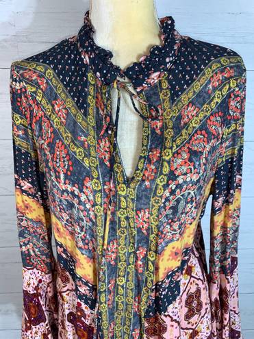 Umgee Womens blouse Multicolor Patchwork Flowy  Long Sleeve Bell Boho S