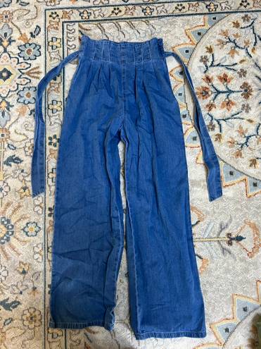 Lulus Streamline Medium Blue Chambray Paperbag Wide-Leg Trouser Pants