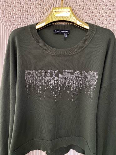 DKNY Y2K  Olive green Long Puff-Sleeve with Rhinestone pullover Sweatshirt Sweater