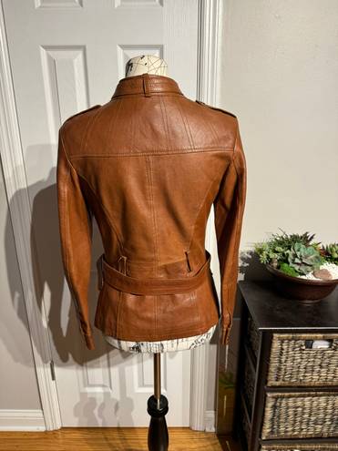 Vera Pelle Lory  ITALIAN BEAUTIFUL GENUINE LEATHER  BELTED JACKET , MADE WITH SOFT LAMBSKIN ! COLOR : BROWN DISTRESSED motorcycle Sz 42 Cognac Solofra Italy