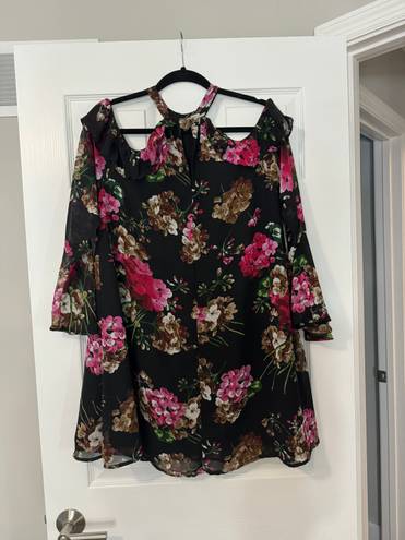 Umgee Black Pink Floral Cold Shoulder Dress