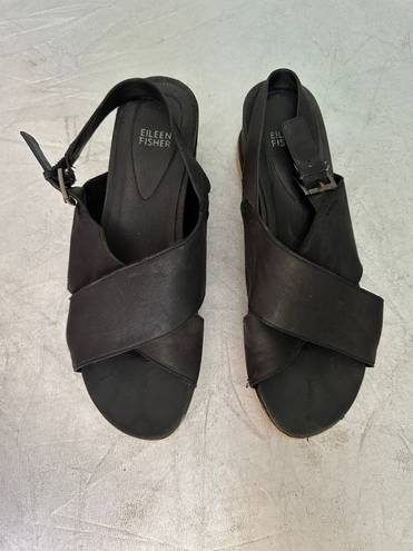 Eileen Fisher Woman’s Black Wedge Nubuck Leather Buckle Strappy Sandals, Sz 10