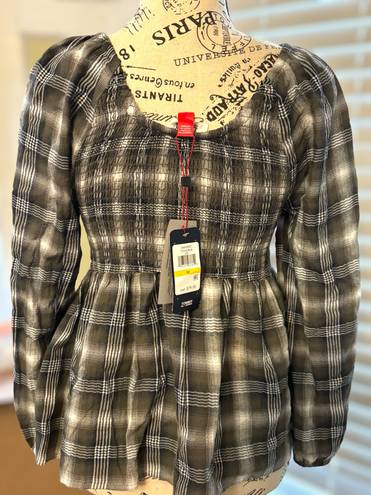 Tommy Hilfiger Tommy Jeans Womens Size Medium Plaid Peplum Smocked Top •Scoop Neck Long Sleeves