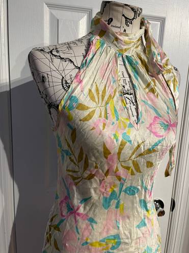 The Moon Heart Star Silk Vintage Pastel Colorful Coastal Abstract print Blouse M High Neck Floral Multicolor Women's Top Coquette Keyhole Cutouts 