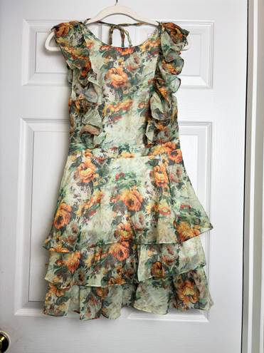 Pretty Little Thing Women's Green Floral Print Chiffon Mini Open Back Dress Sz 6