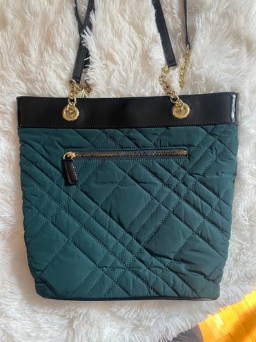 Talbots Quilted Tote Purse Bag Green with Gold Chain