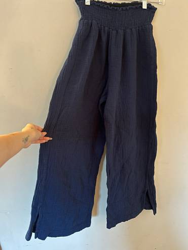 Navy Blue Wide Leg Waffle Knit Linen Pants