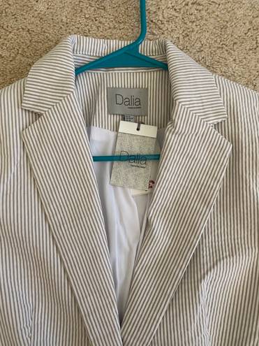 Dalia Collection Dalia Blazer Jacket Tan White Striped Button Front Pockets