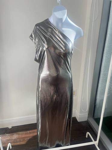 Micas Metallic One Shoulder Midi Dress