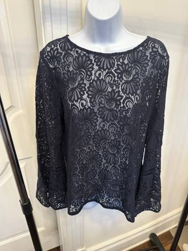 The Loft  Lace Long Bell Sleeve Top Blouse Navy Blue EUC