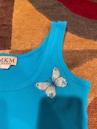 MKM Designs Aqua Blue y2k 90’s Vintage Retro Ribbed Tank Top Butterfly Sequins Small