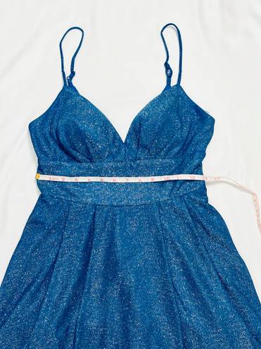 B Darlin Sparkly Glitter Blue Metallic Deep V Plunge Mini Homecoming Dress - 7/8