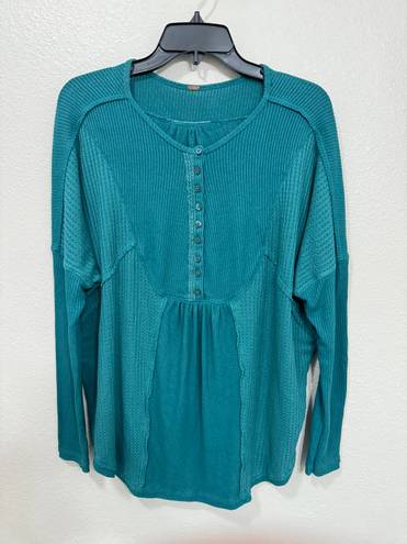 Free People Teal Leo Henley Long Sleeve Button Oversized Knit Top- Size Medium