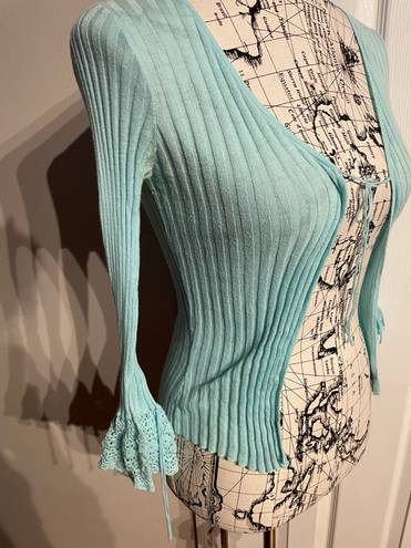 GUESS Jeans Vintage y2k Bolero Mint Ribbed Knit Flounce tie Sleeve Coquette Coastal Colorful Pastel Shrug Shawl Crop Cardigan ribbed summer fest western cottage