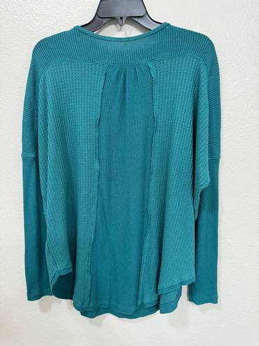 Free People Teal Leo Henley Long Sleeve Button Oversized Knit Top- Size Medium