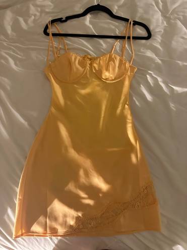 Meshki satin lace slip mini dress in lemon