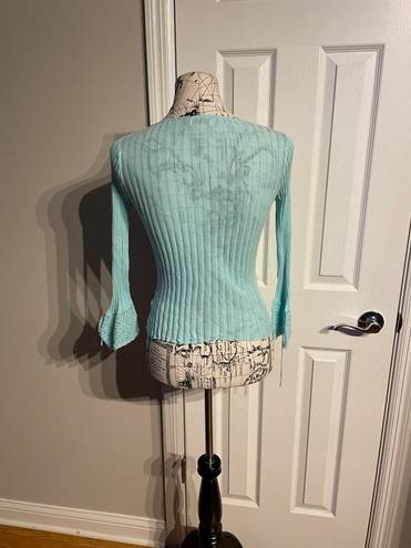 GUESS Jeans Vintage y2k Bolero Mint Ribbed Knit Flounce tie Sleeve Coquette Coastal Colorful Pastel Shrug Shawl Crop Cardigan ribbed summer fest western cottage