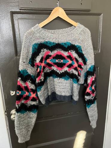 Free People Sweater Grey Pink Blue Printed Oversized