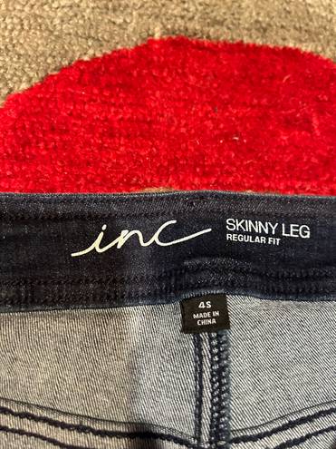 INC Macy’s Side Stripe Dark Wash Skinny Jeans Frayed Bottom Size 4 Short Petite