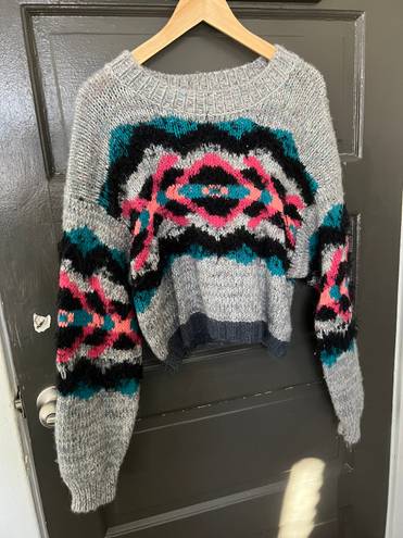 Free People Sweater Grey Pink Blue Printed Oversized