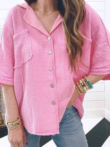 POL  Short Sleeve Button Up Bubblegum Pink