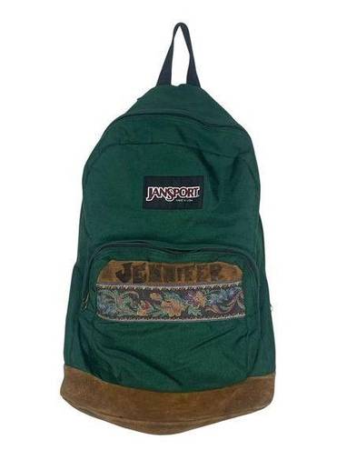 Jansport Vintage 90's  Leather Suede Bottom Backpack- Green Floral Embroidered