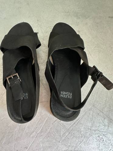 Eileen Fisher Woman’s Black Wedge Nubuck Leather Buckle Strappy Sandals, Sz 10