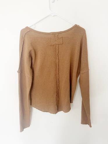 We The Free Light Brown Knit Frayed Slouch VNeck Sweater