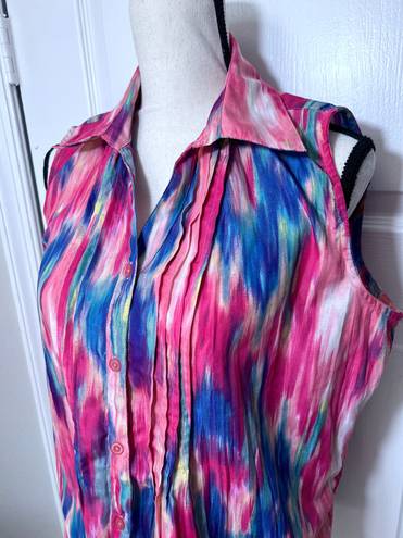 Lemon Grass Studio Lemongrass Sleeveless Collared Button Down Shirt size L Pink Blue Multicolor