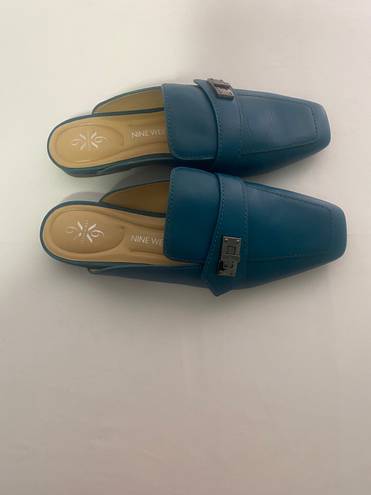 Nine West Women’s Square Toe Leather Buckle Mules Teal Blue Size 7M NWOT