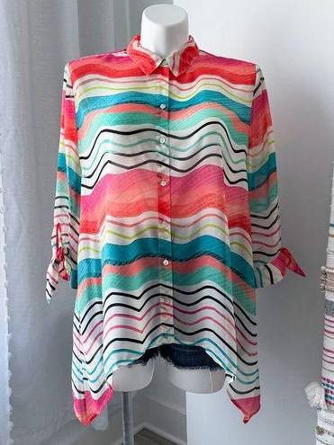 Chico's Chico’s Watercolor Striped 3/4 Tie-Sleeve Button Down Chiffon Shirt Size 3 XL