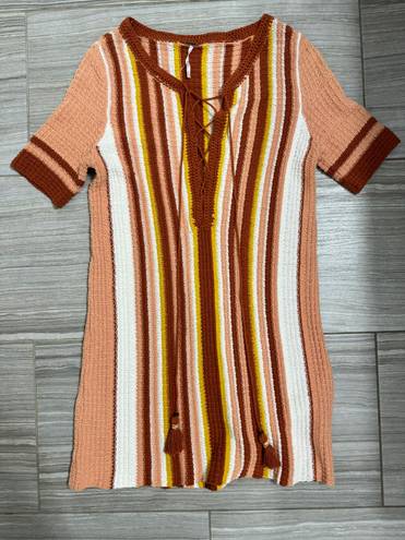 Free People NWT  Lollipop Sunset Orange Combo Crochet Beach Coverup Mini Dress- Size Small