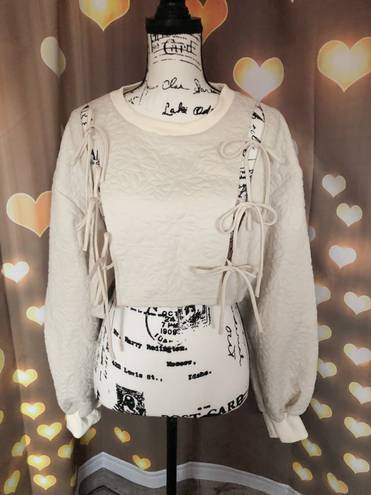 Only Sweatshirt sweater crop floral cream beige bow tie lace up lantern sleeve slit