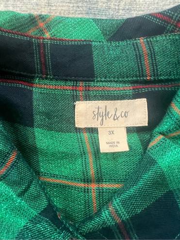 Style & Co Plus Size Boyfriend Sparkle Emerald Green Plaid Button Down 3X